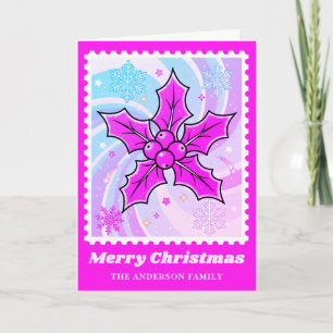 Neon Pink Holly & Berries Postzegel Kerstmis Feestdagen Kaart