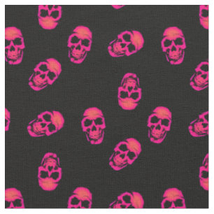 Neon Pink Human Skulls on Black Pattern Stof