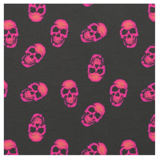 Neon Pink Human Skulls on Black Pattern Stof (Close Up)