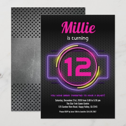 Neon Pink Laser Label Girl Birthday Game On Kaart (Voorkant / Achterkant)