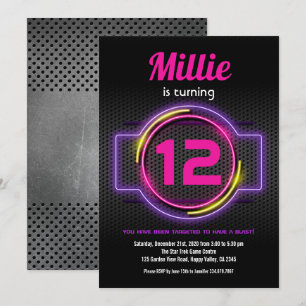 Neon Pink Laser Label Girl Birthday Game On Kaart