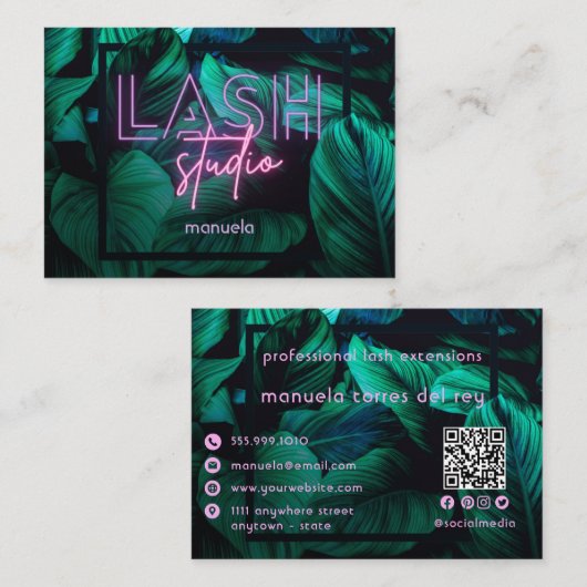 Neon Pink Lash Studio QR Code Professional Visitekaartje (Voorkant / Achterkant)