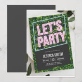 Neon Pink "Let's Party" Boxwood Verjaardag Uitnodi Kaart (Voorkant / Achterkant)