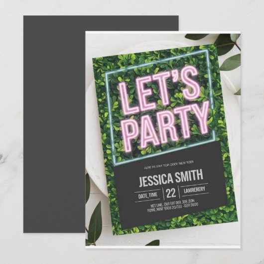Neon Pink "Let's Party" Boxwood Verjaardag Uitnodi Kaart (Voorkant / Achterkant)