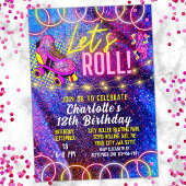 Neon Pink Let's Roll Girl's Roller Skating Party Kaart