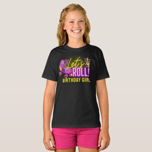 Neon Pink Let's Roll Girl's Roller Skating Party T-shirt (Voorkant volledig)