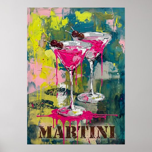 Neon Pink Martini Pop Art: Modernes Cocktail Gemäl Poster (Voorkant)