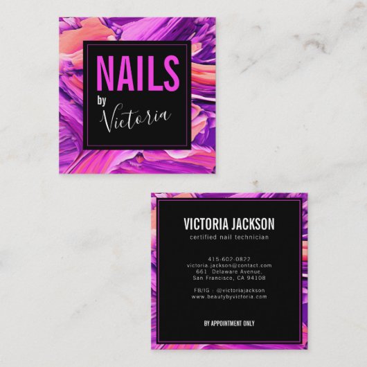 Neon Pink Modern Abstract Salon Nail Technicus Neo Vierkante Visitekaartje (Voorkant / Achterkant)