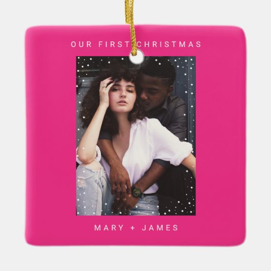Neon Pink Modern Merry and Married Photo Keramisch Ornament (Voorkant)
