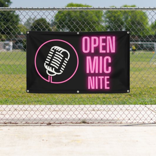 Neon Pink Open Mic Outdoor Vinyl Banner (Insitu)
