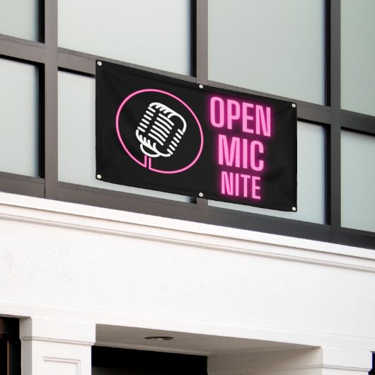Neon Pink Open Mic Outdoor Vinyl Banner (Buitenkant Gebouw)