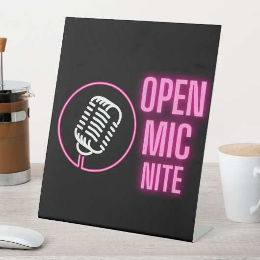 Neon Pink Open Mic Tablettenblad Reclamebord Met Voetstuk (Insitu)
