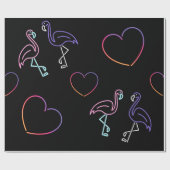 Neon Pink Paarse Flamingo and Hearts Cadeaupapier (Vlak)