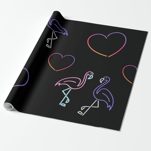 Neon Pink Paarse Flamingo and Hearts Cadeaupapier (Uitgerold)