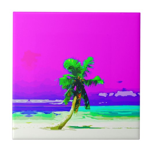 Neon Pink Palm Tree Paradise Tegeltje (Voorkant)