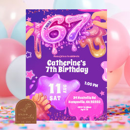 Neon Pink Purple Slime 67 Birthday Invitation Kaart