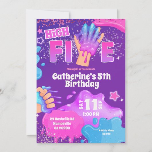 Neon Pink Purple Slime High Five Birthday Invitati Kaart (Voorkant)