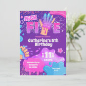 Neon Pink Purple Slime High Five Birthday Invitati Kaart (Staand voorkant)