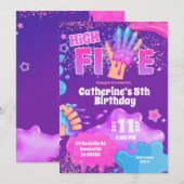 Neon Pink Purple Slime High Five Birthday Invitati Kaart (Voorkant / Achterkant)