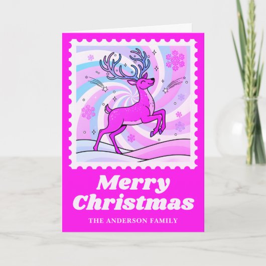 Neon Pink Reindeer Christmas Postage Stamp Feestdagen Kaart (Voorkant)