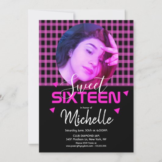 Neon Pink Sweet Sixteen Fotoraster Kaart (Voorkant)