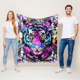 Neon Pink Tiger Head Portret Fleece Blanket