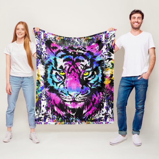Neon Pink Tiger Head Portret Fleece Blanket (In situ)