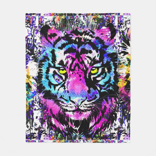 Neon Pink Tiger Head Portret Fleece Blanket (Voorkant)