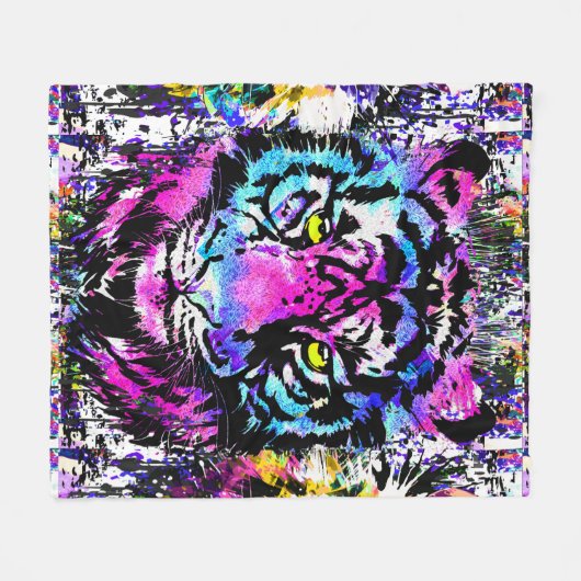 Neon Pink Tiger Head Portret Fleece Blanket Deken (Voorkant (Horizontaal))