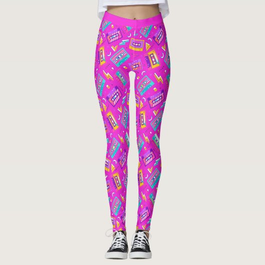 Neon Pink Trendy 80's Cassette Muziek Leggings (Voorkant)