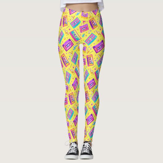 Neon Pink Trendy 80's Cassette Muziek Leggings (Voorkant)