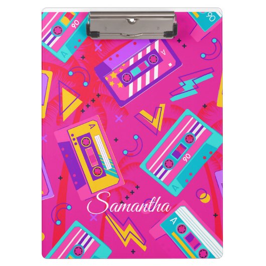 Neon Pink Trendy 80's cassette Naam Klembord (Voorkant)