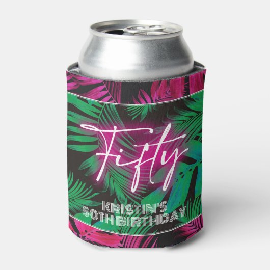 Neon Pink Tropical 50th Verjaardag Blikjeskoeler (Blikje Voorkant)