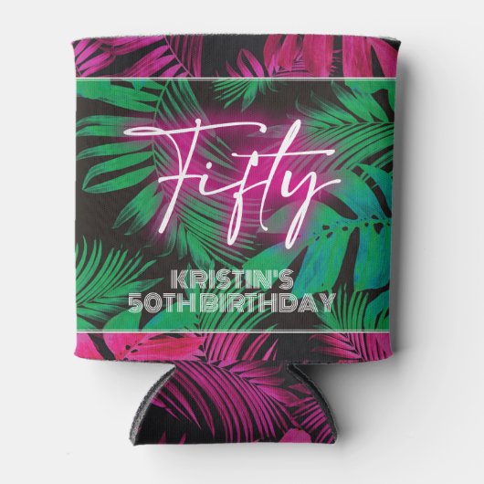 Neon Pink Tropical 50th Verjaardag Blikjeskoeler (Voorkant)