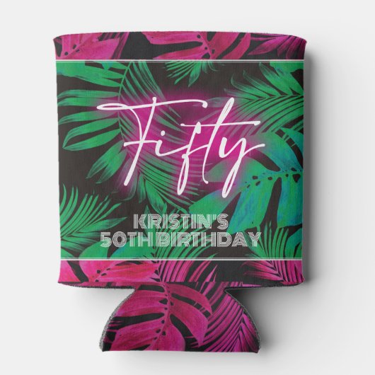 Neon Pink Tropical 50th Verjaardag Blikjeskoeler (Achterkant)
