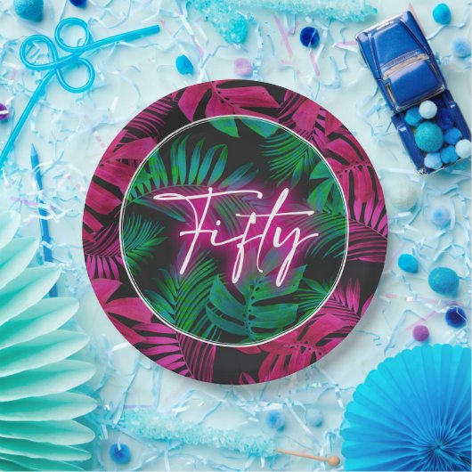 Neon Pink Tropical 50th Verjaardag Papieren Bordje (Feest)