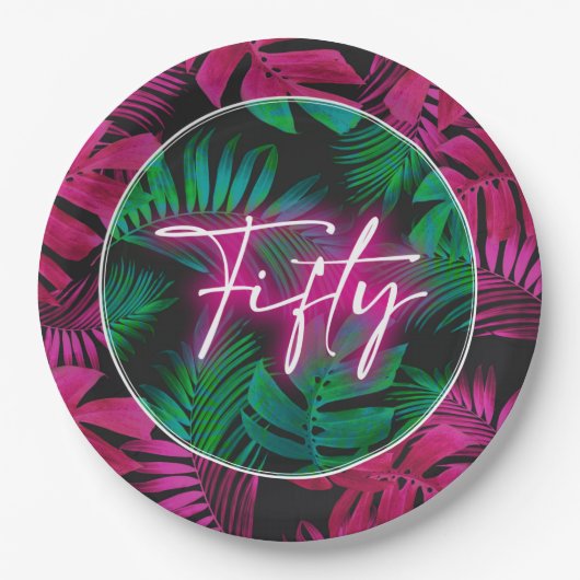 Neon Pink Tropical 50th Verjaardag Papieren Bordje (Voorkant)