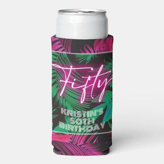 Neon Pink Tropical 50th Verjaardag Seltzer Blikjeskoeler (Seltzer Voorkant)