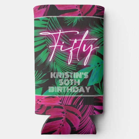 Neon Pink Tropical 50th Verjaardag Seltzer Blikjeskoeler (Achterkant)