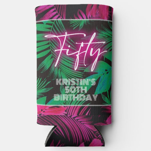 Neon Pink Tropical 50th Verjaardag Seltzer Blikjeskoeler (Voorkant)