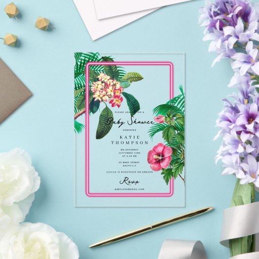 Neon Pink Tropical Botanicals Baby shower Acryl Uitnodigingen (Insitu (Huwelijk))