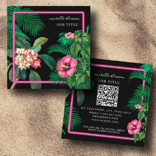 Neon Pink Tropical Botanicals QR Code Social Media Vierkante Visitekaartje