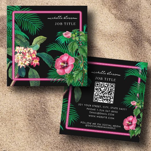Neon Pink Tropical Botanicals QR Code Social Media Vierkante Visitekaartje