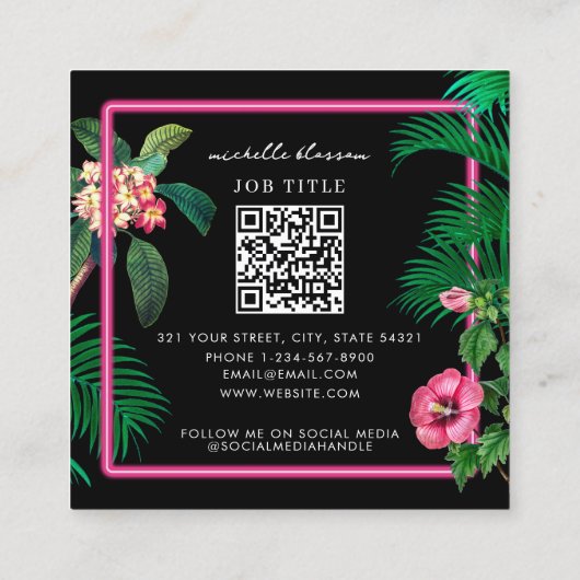Neon Pink Tropical Botanicals QR Code Social Media Vierkante Visitekaartje (Achterkant)