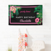 Neon Pink Tropical Botanicals Verjaardagsfeest Spandoek (Insitu)