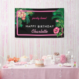 Neon Pink Tropical Botanicals Verjaardagsfeest Spandoek