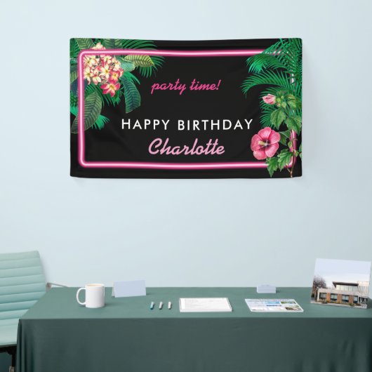 Neon Pink Tropical Botanicals Verjaardagsfeest Spandoek (Beurs)
