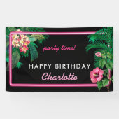 Neon Pink Tropical Botanicals Verjaardagsfeest Spandoek (Horizontaal)