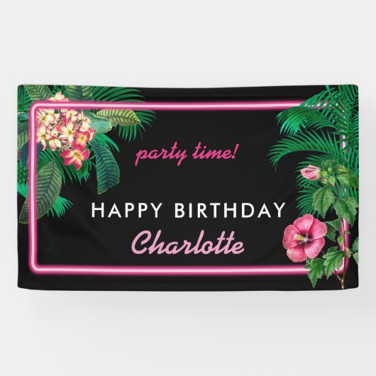 Neon Pink Tropical Botanicals Verjaardagsfeest Spandoek (Horizontaal)