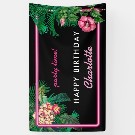 Neon Pink Tropical Botanicals Verjaardagsfeest Spandoek (Verticaal)